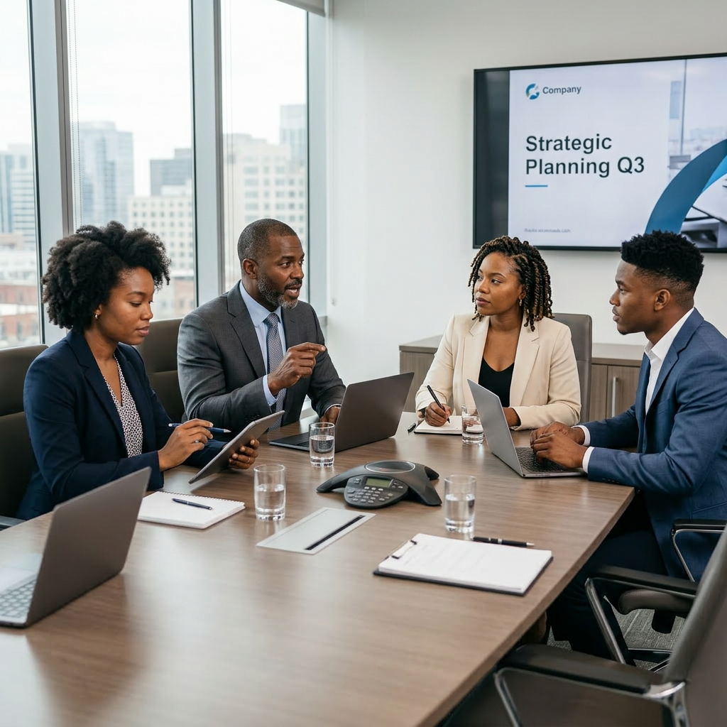 Four business professionals discussing strategic planning around a conference table with laptops and tablets